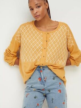 We the Free People free spirit orange Henley long sleeve LARGE embroider stitch